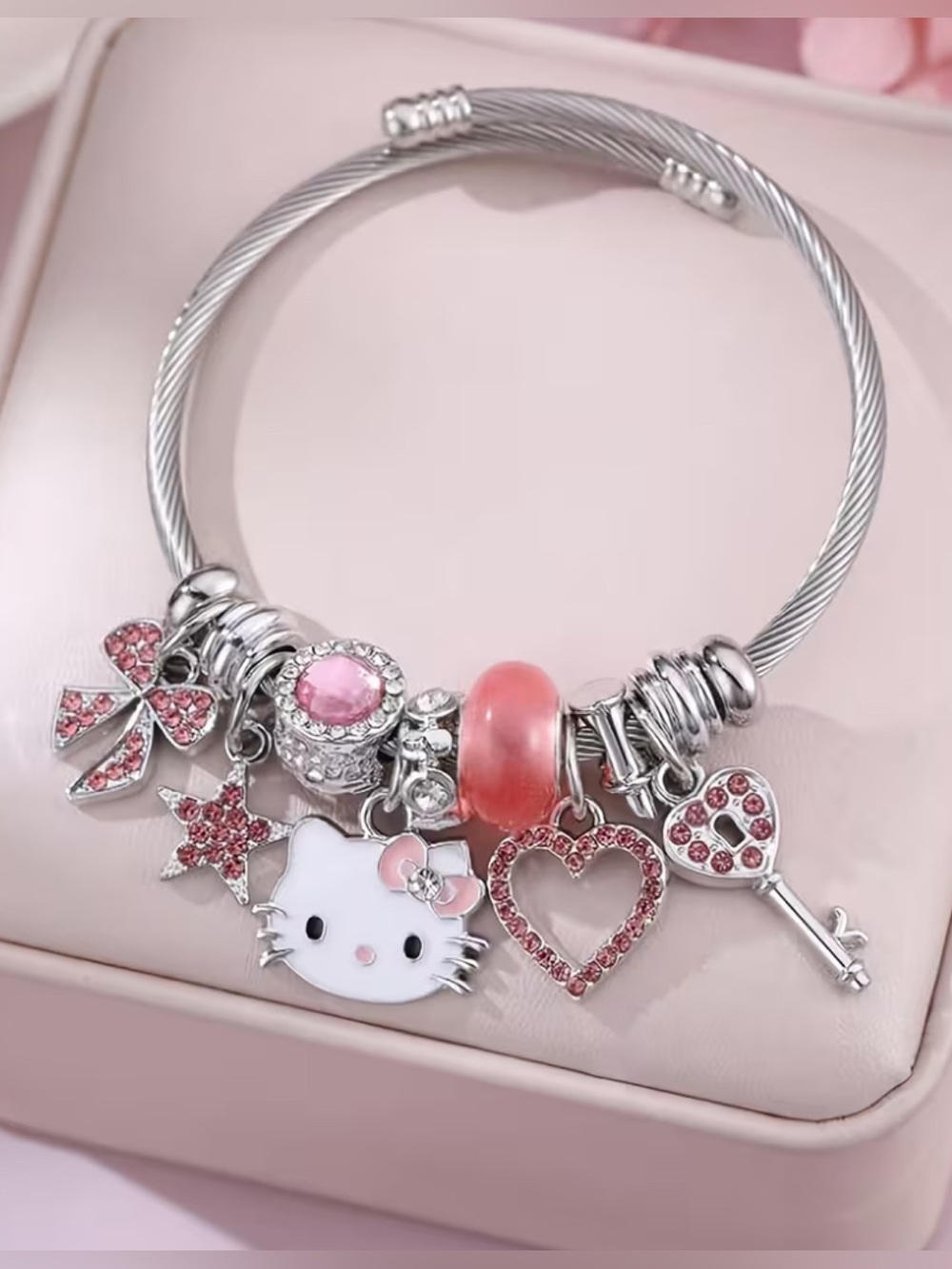 Hello Kitty Pink Charm Bracelet for Women - Adjustable Silver Tone
